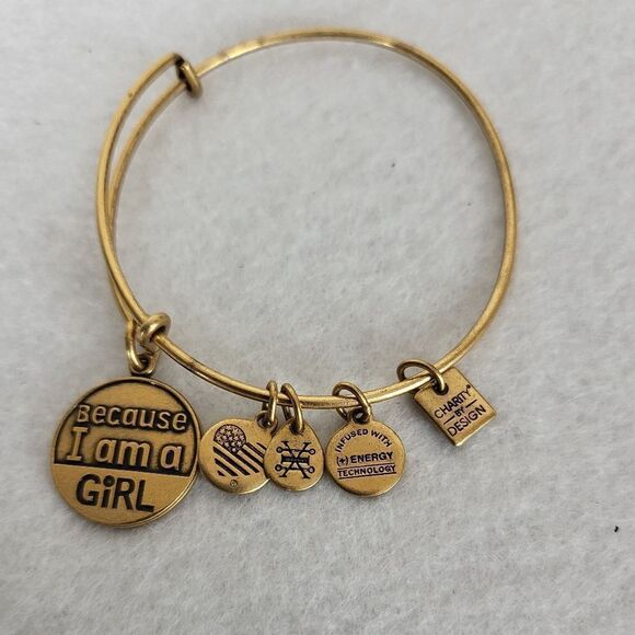 2016 Alex and Ani "Because I am a Girl" Goldtone Bangle Rafaelian Gold Bracelet - Picture 1 of 5